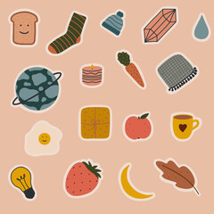 Collection of autumn and winter cozy stickers. Hand drawn vector illustration.