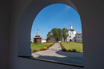 Fototapeta premium View from the porch of the Cathedral of St. Sergius of Radonezh in the Trinity-Sergius Varnitsky Monastery.