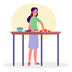 Illustration of a woman preparing breakfast in a kitchen