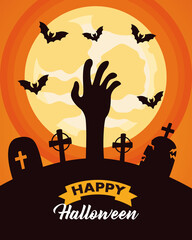 happy halloween celebration lettering with hand death in cemetery