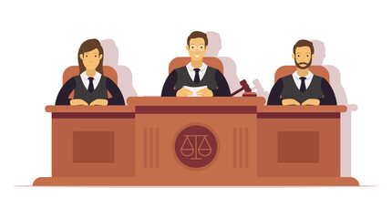 Illustration of 3 judges conducting a trial. Illustration for landing page and mobile app