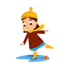 Cute Girl Jumping in Puddle Wearing Rubber Boots, Happy Kid Playing Outdoors in Autumn Cartoon Style Vector Illustration