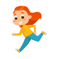 Cute Happy Girl Running, Smiling Kid Playing Outdoors Cartoon Style Vector Illustration