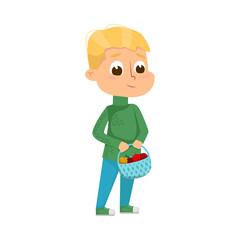 Cute Boy Holding Basket Full of Ripe Apples, Autumn Season Outdoor Activity Cartoon Style Vector Illustration
