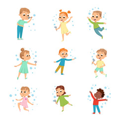 Cute Boys and Girls Blowing Soap Bubbles Set, Adorable Children Having Fun with Soap Bubbles, Kids Leisure, Hobby Game Cartoon Style Vector Illustration