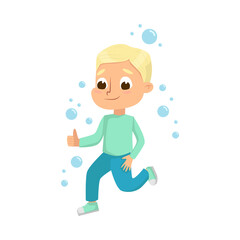 Cute Little Blonde Boy Playing with Soap Bubbles, Kids Leisure, Outdoor Hobby Game Cartoon Style Vector Illustration