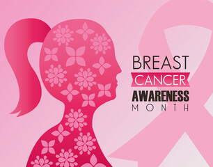 breast cancer campaign lettering with pink ribbon and woman profile silhouette