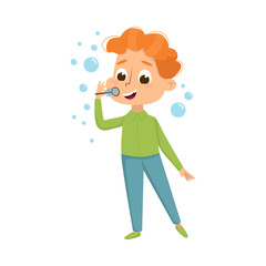 Cute Redhead Boy Blowing Soap Bubbles Through Wand, Little Boy Playing with Soap Bubbles, Kids Leisure, Outdoor Hobby Game Cartoon Style Vector Illustration