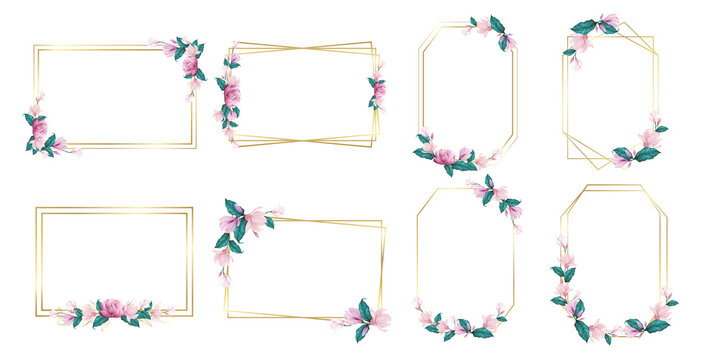 Set of golden frame decored with watercolor flower for branding and wedding monogram logo design. 