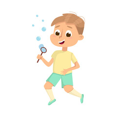 Cute Boy Blowing Soap Bubbles Through Wand, Adorable Little Kid Having Fun Cartoon Style Vector Illustration