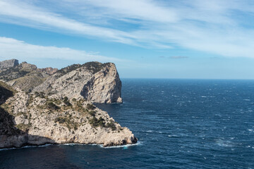 Beautiful view over the water and mountains of Mirador Es Colomer, Cap de Formentor, Palma de Mallorca, Balearic Islands, Spain