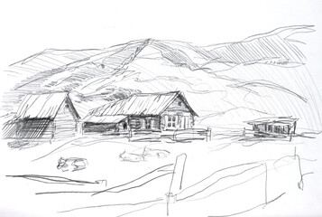 Rural landscape with mountains House fence and cows. Sketch, contour on white background.