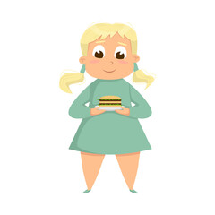 Overweight Chubby Girl Eating Burger, Cheerful Plump Unhealthy Kid Character with Fast Food Meal Cartoon Style Vector Illustration