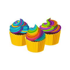 Cupcakes with swirled rainbow icing. Design with tasty cakes with colorful cream. Vector illustration in cute cartoon style