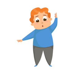 Cute Overweight Chubby Boy, Cheerful Fat Unhealthy Kid Character Doing Sports Exercise Cartoon Style Vector Illustration