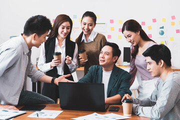 Group of asian young creative happy enjoy smile and great success emotion businesspeople  startup entrepreneur casual brainstorm business meeting office,planning, strategy, new business development