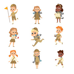 Cute Scouts Boys and Girls Set, Scouting Elementary School Students in Uniform, Summer Holiday Activities Concept Cartoon Style Vector Illustration