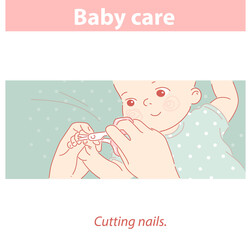 Baby care. Cutting nails of little child.