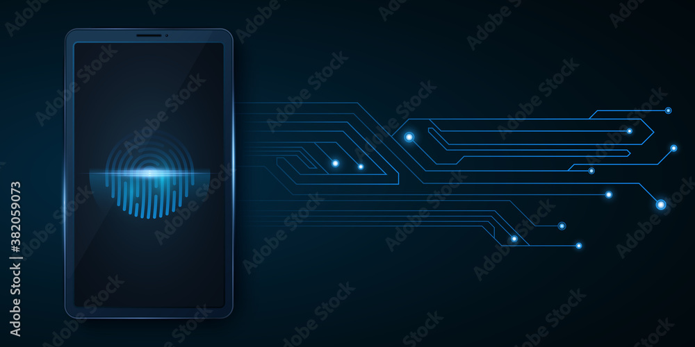Poster smartphone with a fingerprint scanner. biometric data and luminous computer circuit board. data secu