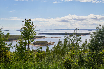 View of the lake water from the coast with trees and greenery, the horizon and blue sky with white clouds