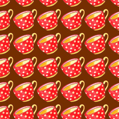 Seamless pattern with red polka dot cups. Watercolor Background and texture with Mugs from hot drink. Hand drawn kitchen supplies. Perfect for packaging, home decoration, textile, menu, cafe