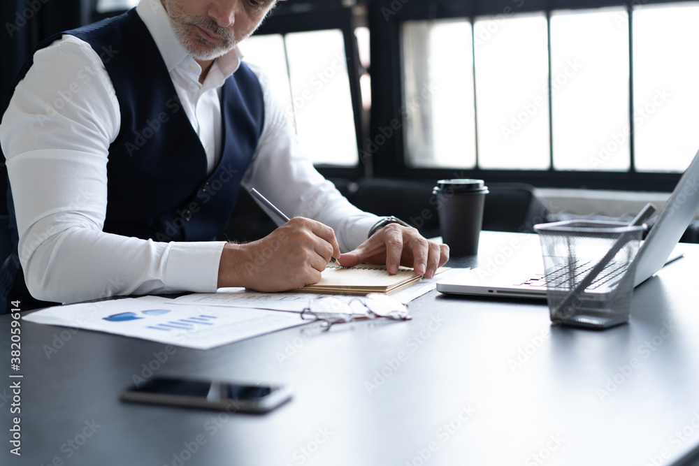 Sticker Businessman working with documents in the office. Financial planning specialist signing annual report, accounting papers