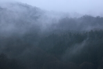 晴れ行く霧の山肌