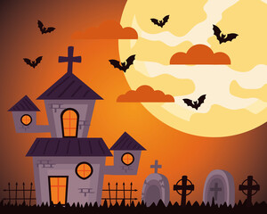happy halloween celebration with haunted castle in cemetery