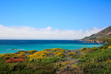 Little Sur River Beach in Summer. , Central Coast California). Big Sur  the "longest and most scenic stretch of undeveloped coastline in the contiguous United States". California State Route 1