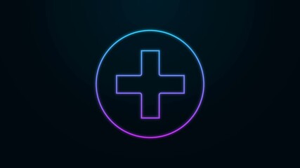 Glowing neon line Cross hospital medical icon isolated on black background. First aid. Diagnostics symbol. Medicine and pharmacy sign. 4K Video motion graphic animation