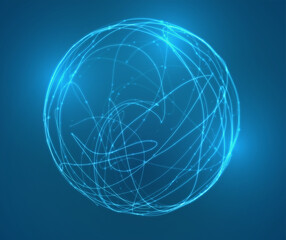 vector blue glowing sphere made of lines, dots, flares and paths