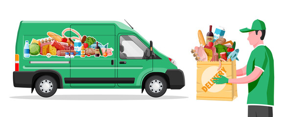 Delivery van full of food and courier. Concept of fast grocery delivery service. Supermarket, cafe, restaurant. Groceries products, bread, meat milk fruit vegetable drinks. Flat vector illustration © absent84