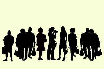 Vector silhouettes of a group of people of different ages with bags, men and women buyers stand in about their entire height in different clothes, different builds, chunky slender contours of figures.