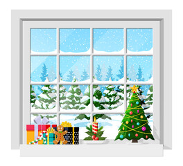 Cozy interior of room with window. Happy new year decoration. Merry christmas holiday. New year and xmas celebration. Winter landscape, tree, snow, village. Cartoon flat vector illustration.