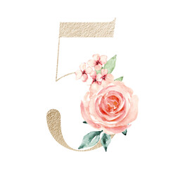 Gold number 5 with watercolor floral design vintage flower and leaf. Perfectly for wedding invitations, greeting card, logo, poster and other. Hand drawn. Isolated on white background.