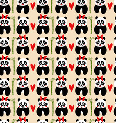Abstract Cute Pandas and Hearts Repeating Children Pattern Isolated Background