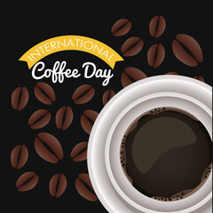 international coffee day celebration with cup and beans air view