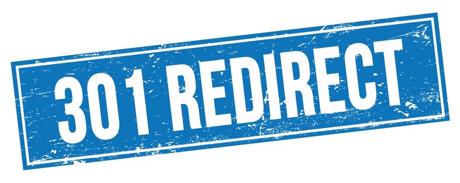 301 REDIRECT text on blue grungy rectangle stamp.