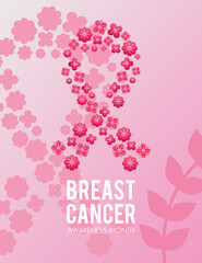 breast cancer campaign lettering with flowers in pink ribbon