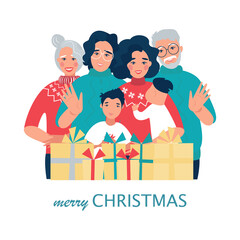 Happy family at christmas. Cute vector illustration in flat style