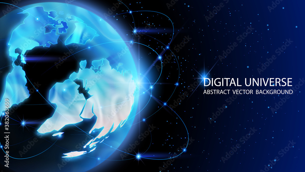 Poster vector. map of the planet. rays of energy. world map. global social network. future.blue futuristic 