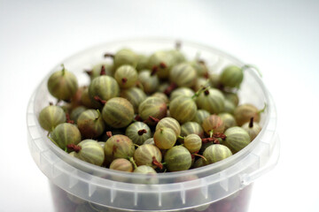 green ripe gooseberries in white plastic cup on white background