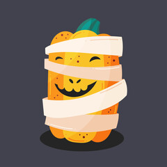 Spooky yellow pumpkin in mummy costume with smile. Halloween illustration. Vector flat colorful design. Art for children.