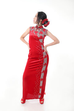 South East Asian Chinese Race Ethnic Origin Woman Wearing Red Velvet Cheongsam With Hand Stitched Sequence Work Dress Costume On White Background