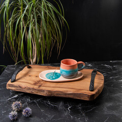 wooden tea tray on the table