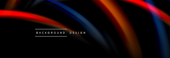 Dynamic motion abstract background. Color blurred stripes on black. Wave liquid lines poster. Vector illustration