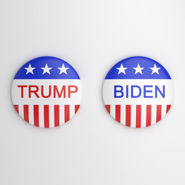 Bengkulu, Indonesia - October 01, 2020: Vote election campaign badge button Trump Biden on white background, 3D rendering illustration.