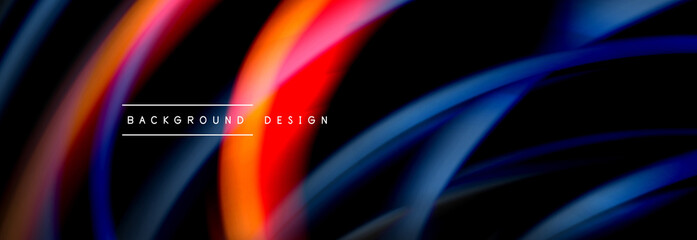 Dynamic motion abstract background. Color blurred stripes on black. Wave liquid lines poster. Vector illustration