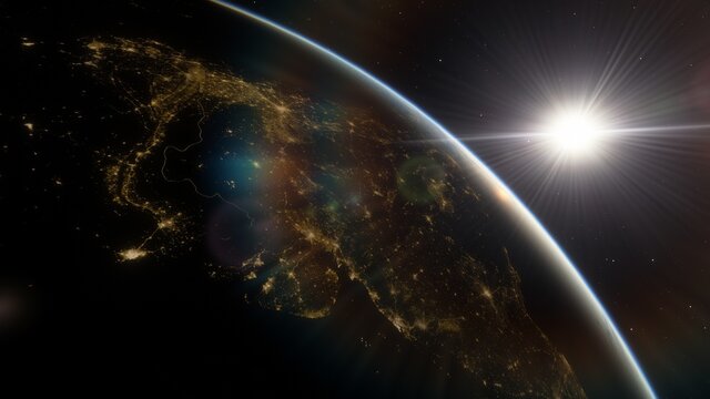 Nightly Earth in the outer space. Abstract wallpaper. City lights on planet. Civilization. 3D render