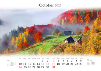 Calendar October 2021, B3 size. Set of calendars with amazing landscapes. Fabulous autumn scene of mountain village. Foggy morning in Carpathian mountains. Sokilsky ridge, Ukraine, Europe.